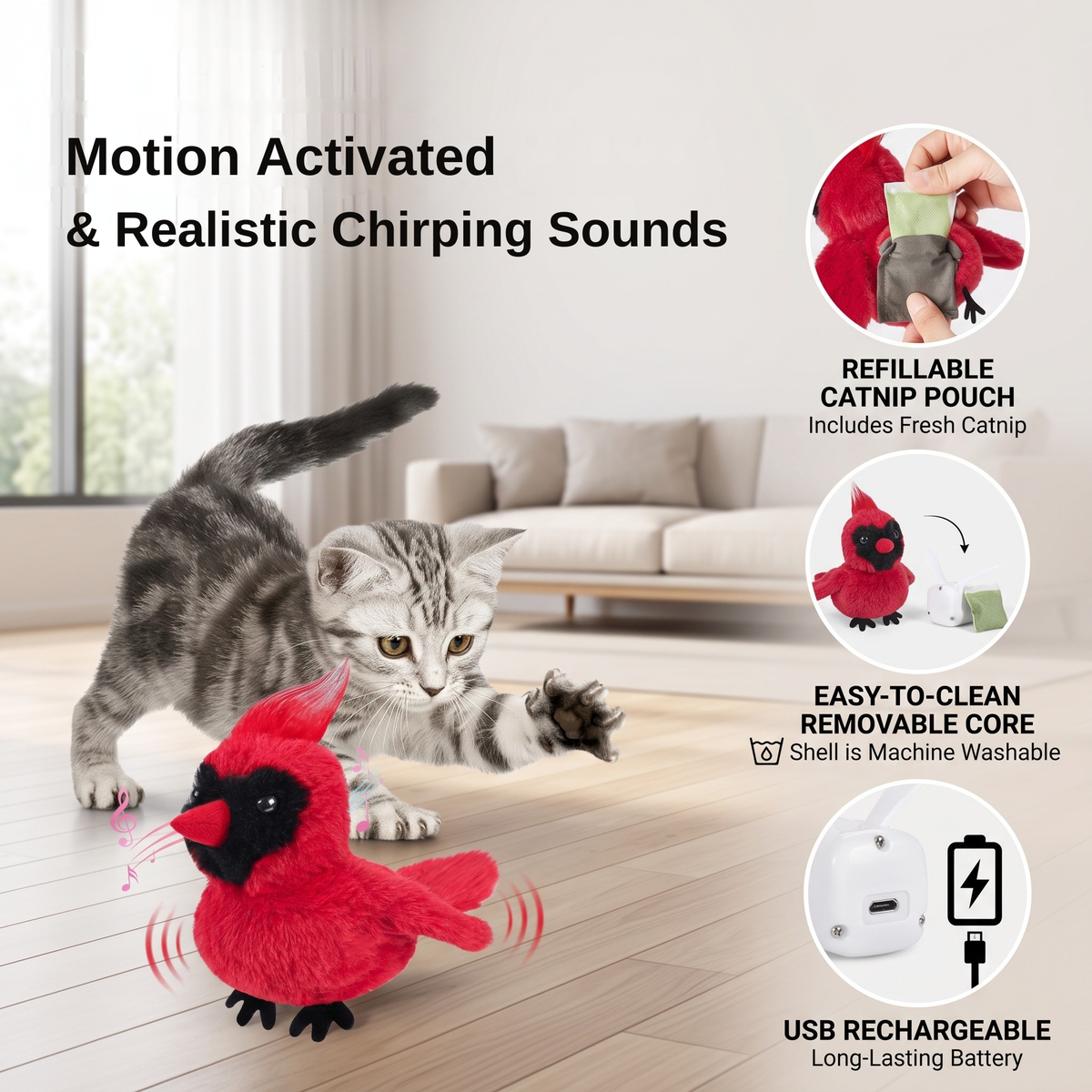 Touch-Activated Flapping Bird Cat Toy with Catnip