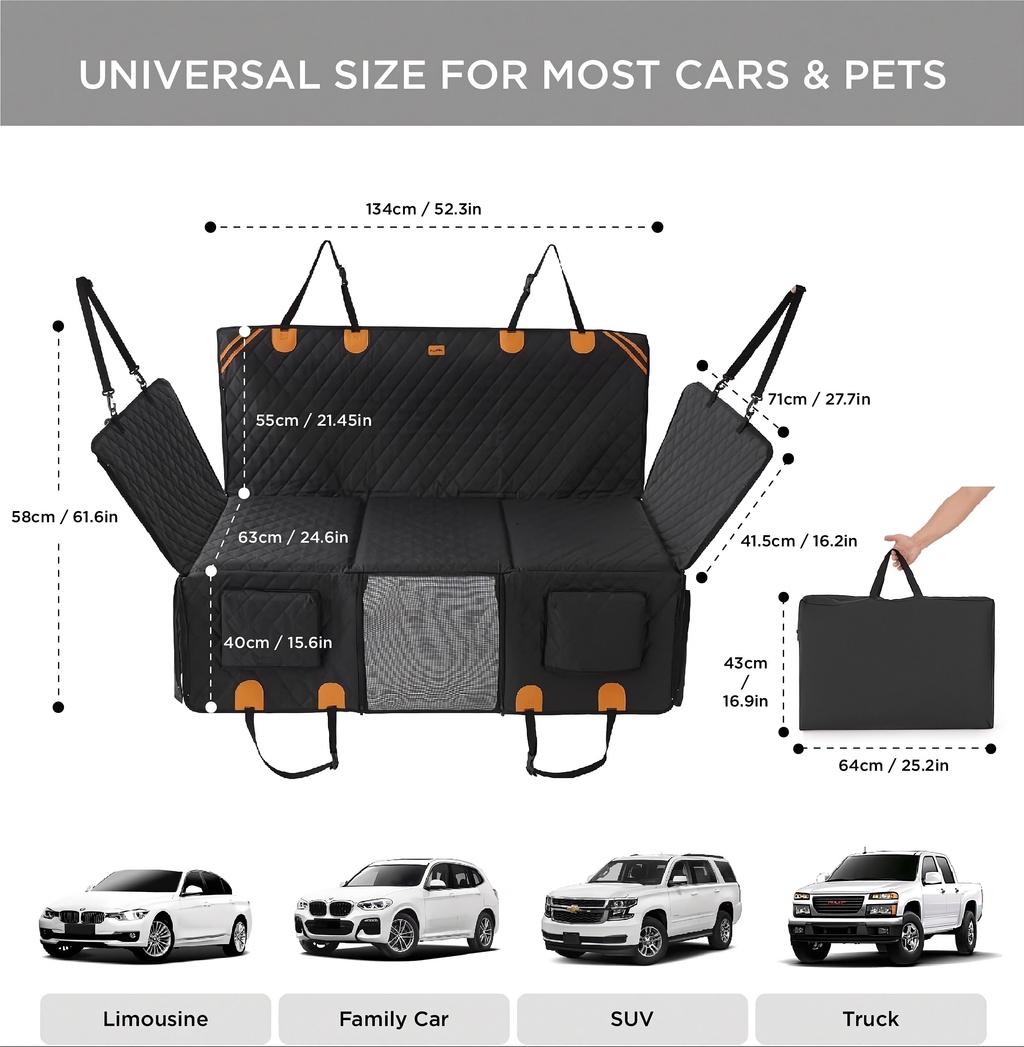 Hard-base dog back seat hammock fitted across a car back seat