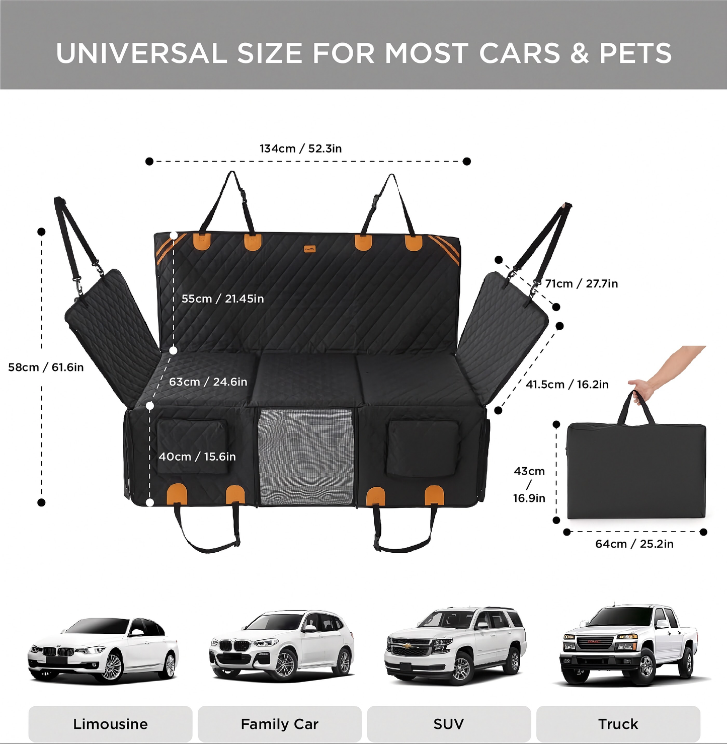 Hard-base dog back seat hammock fitted across a car back seat
