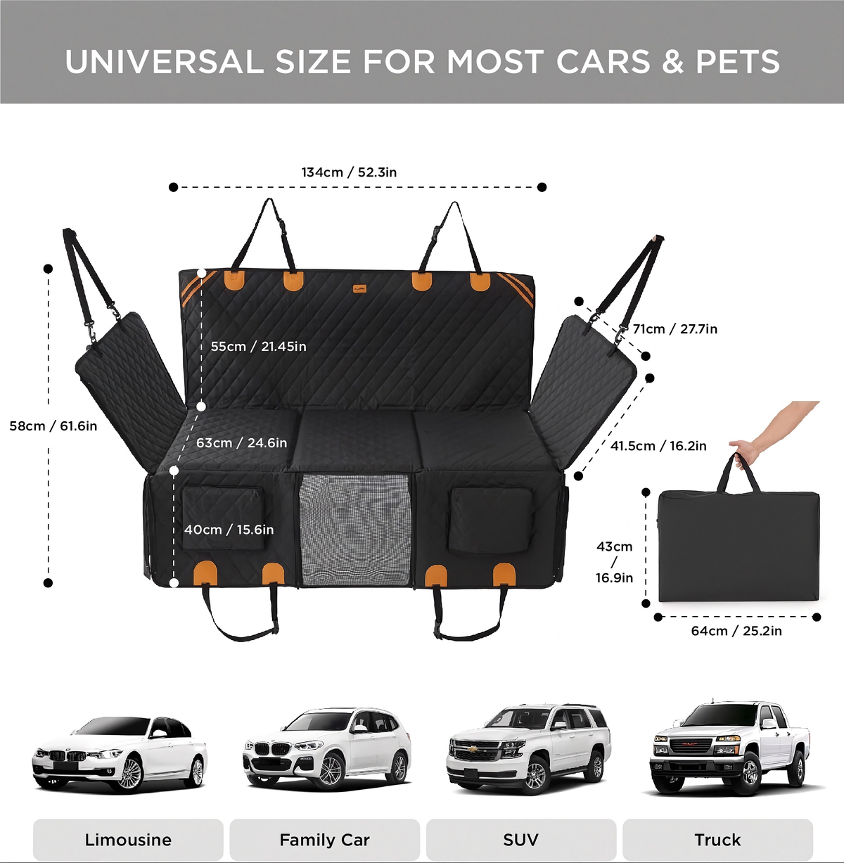 Hard-base dog back seat hammock fitted across a car back seat