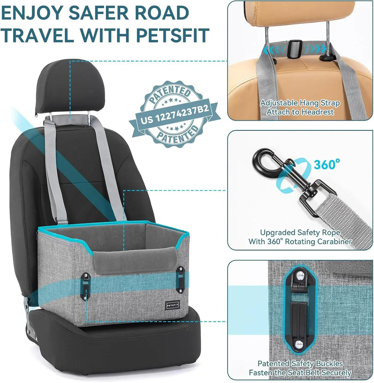 Foldable Small Dog Booster Car Seat with Tether
