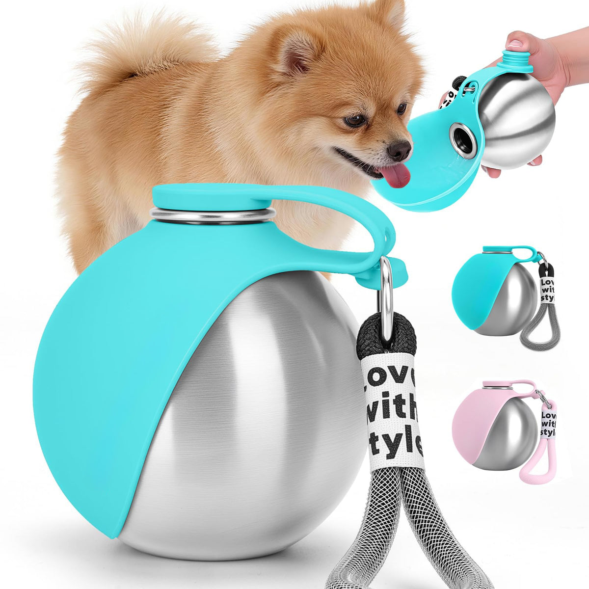 Stainless steel dog water bottle with fold-out bowl and carry rope