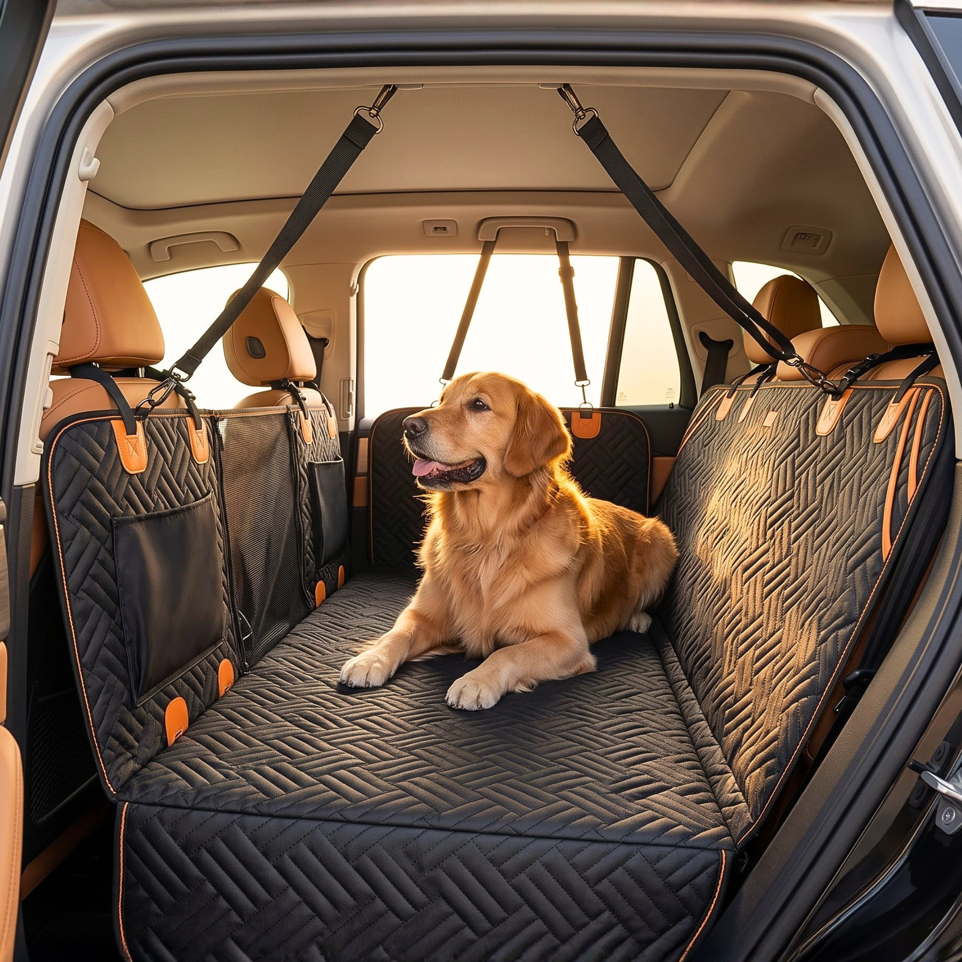Back seat dog hammock with hard base, 52.3 inches wide, rated to 400 lb