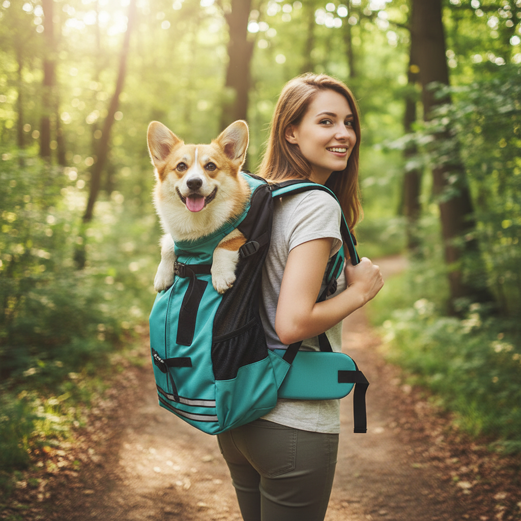 Expandable pet backpack carrier with the rear panel extended