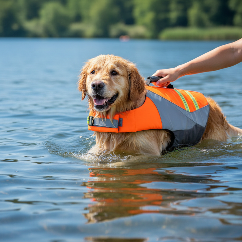 Reflective dog life jacket worn by a dog in water